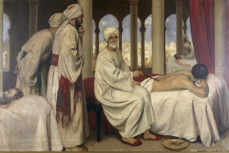 A senior physician teaching students at the bedside in a historic hospital ward