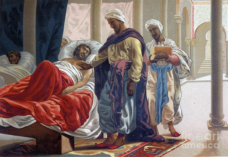 A Golden Age physician examining a patient at his bedside while a student carries his book